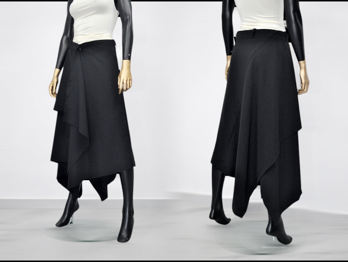 Women Flowing Front Skirt, Asymmetric Midi Ruffle,Frilled WRAP,High Waist Pleated-BB658
