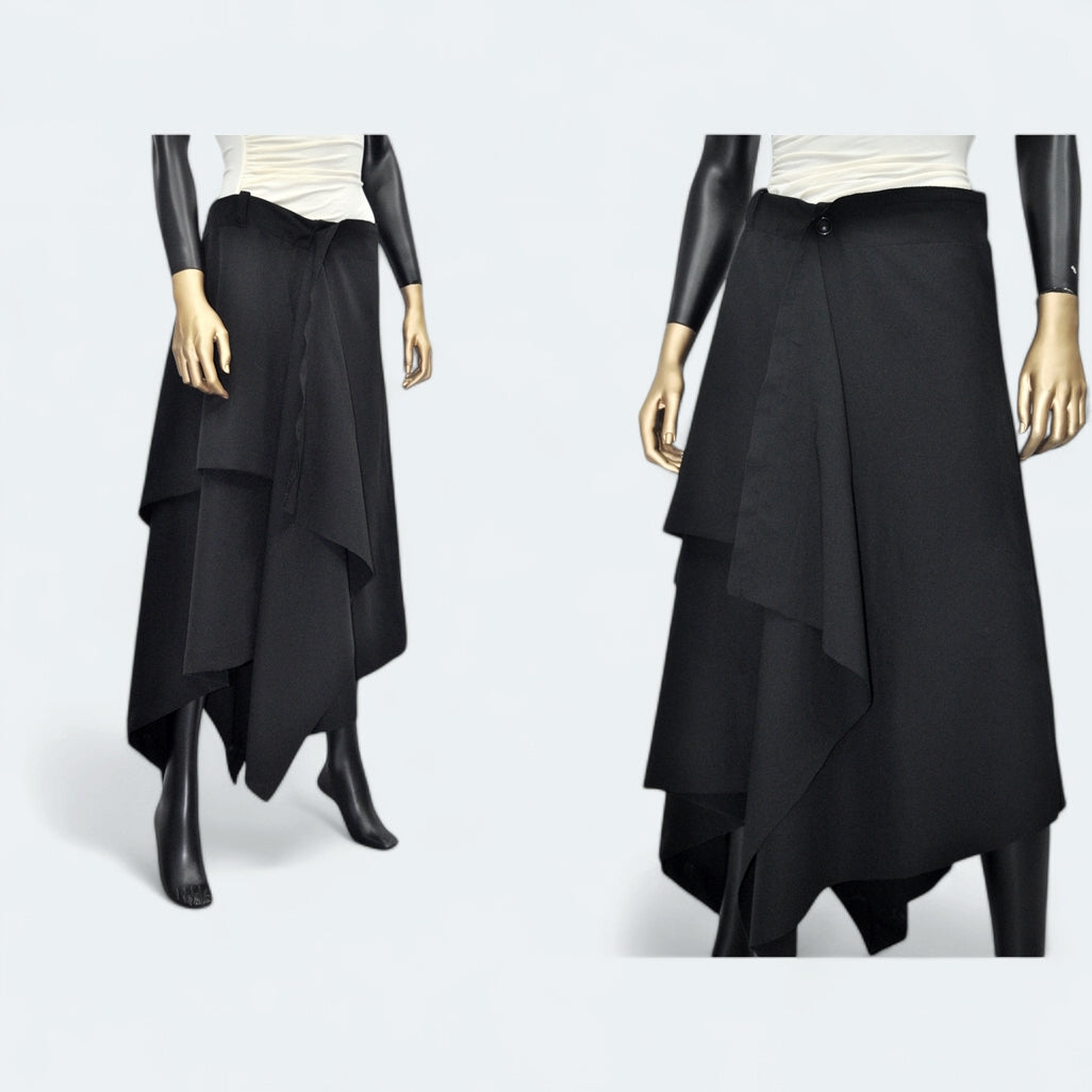 Women Flowing Front Skirt, Asymmetric Midi Ruffle,Frilled WRAP,High Waist Pleated-BB658