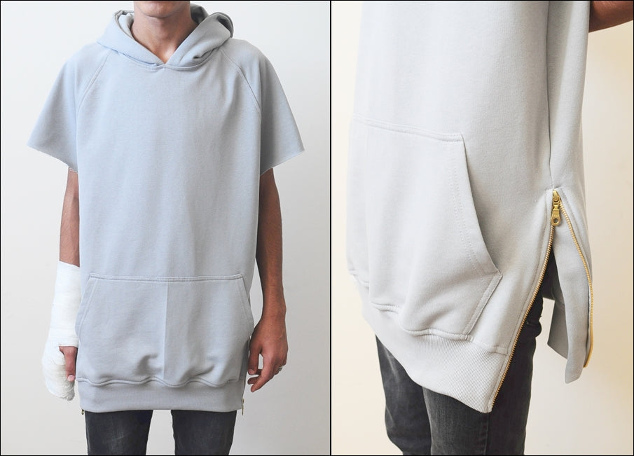 Men's Overlong Short Sleeve Side Zip Extended Cotton Blend Hoodie - Ofelya Boutique