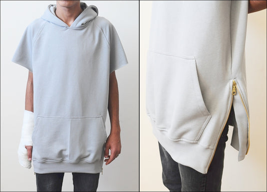 Men's Overlong Short Sleeve Side Zip Extended Cotton Blend Hoodie - Ofelya Boutique