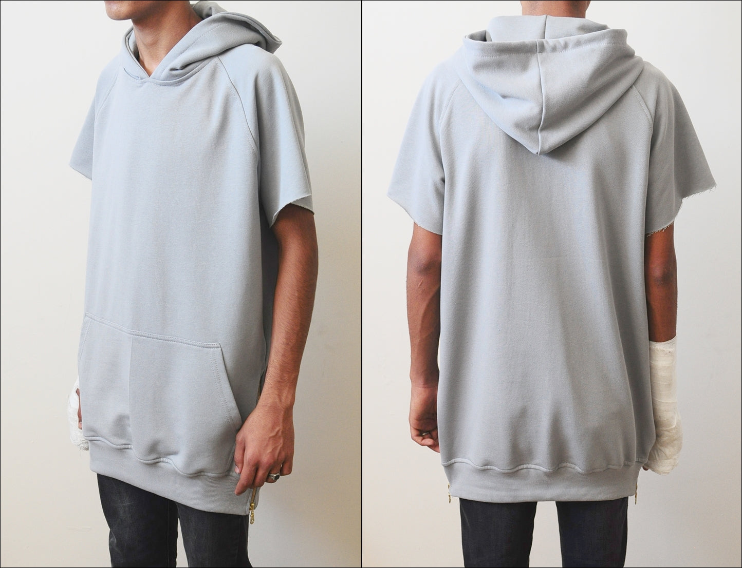 Men's Overlong Short Sleeve Side Zip Extended Cotton Blend Hoodie - Ofelya Boutique