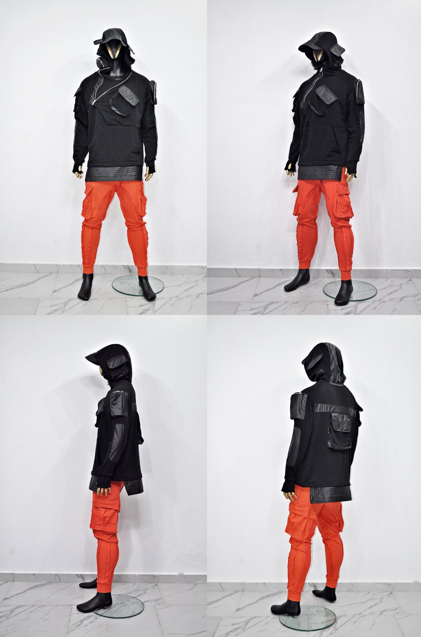 XS-8XL Men's Black Faux Leather Sleeves Loose Hoodie,Long - BB0174