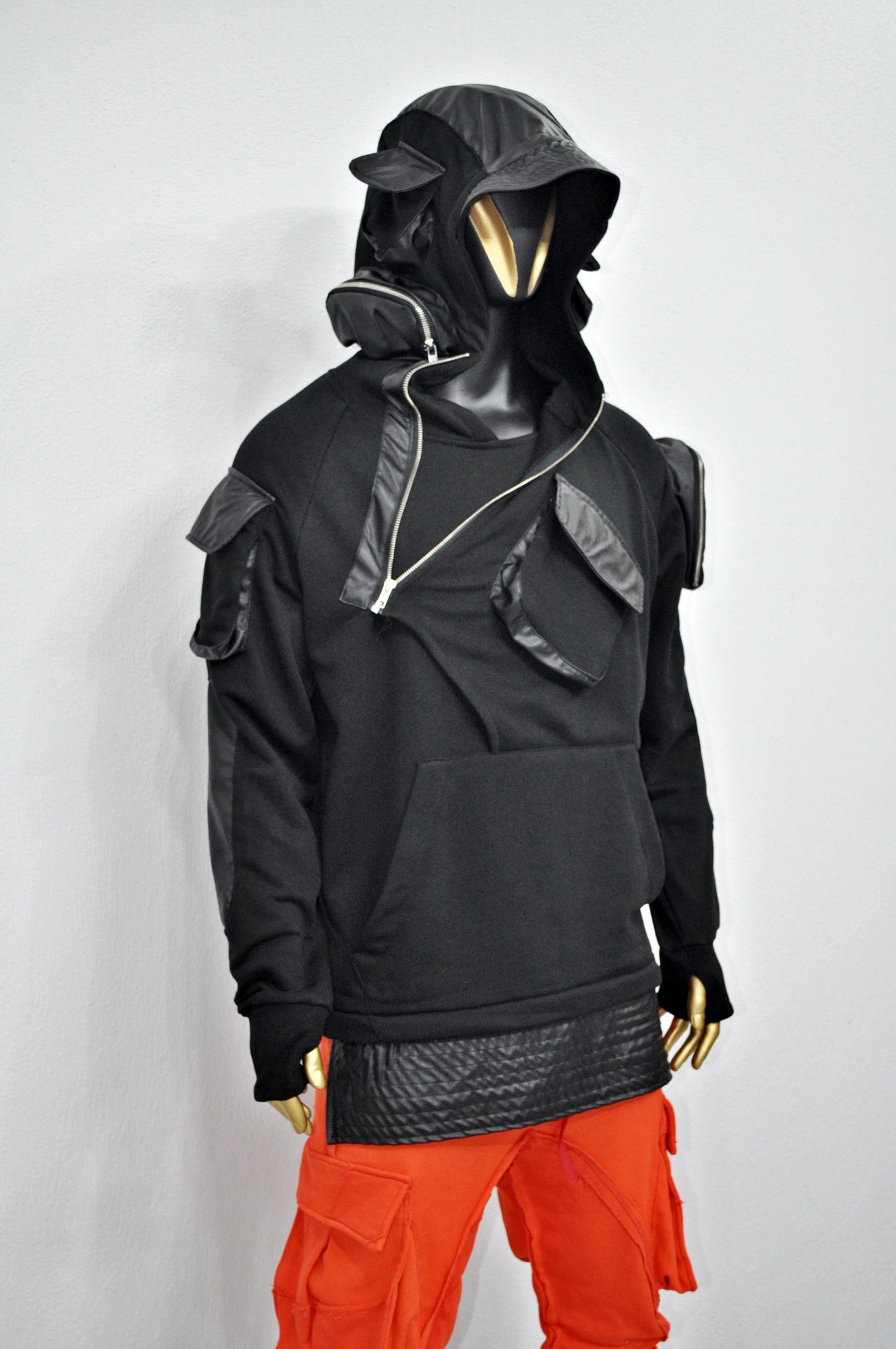 XS-8XL Men's Black Faux Leather Sleeves Loose Hoodie,Long - BB0174
