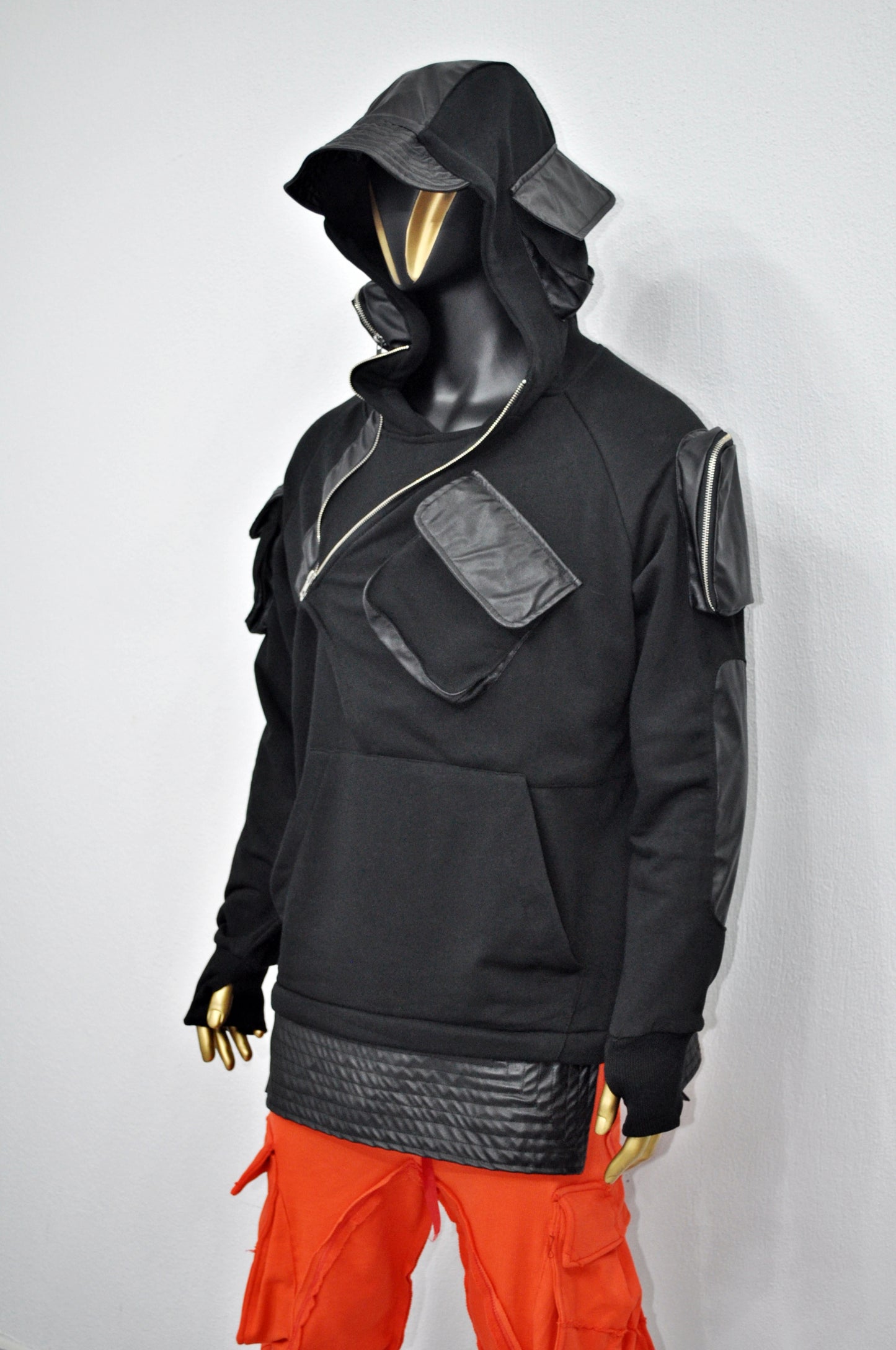 XS-8XL Men's Black Faux Leather Sleeves Loose Hoodie,Long - BB0174