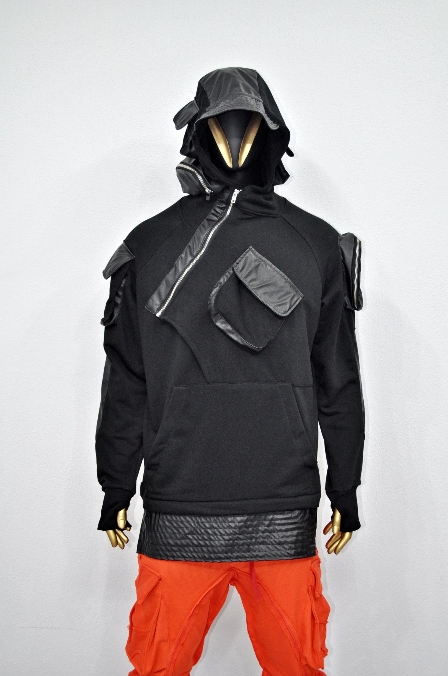 XS-8XL Men's Black Faux Leather Sleeves Loose Hoodie,Long - BB0174