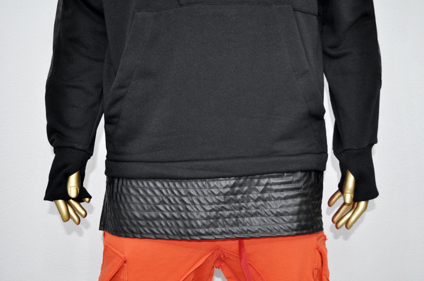 XS-8XL Men's Black Faux Leather Sleeves Loose Hoodie,Long - BB0174