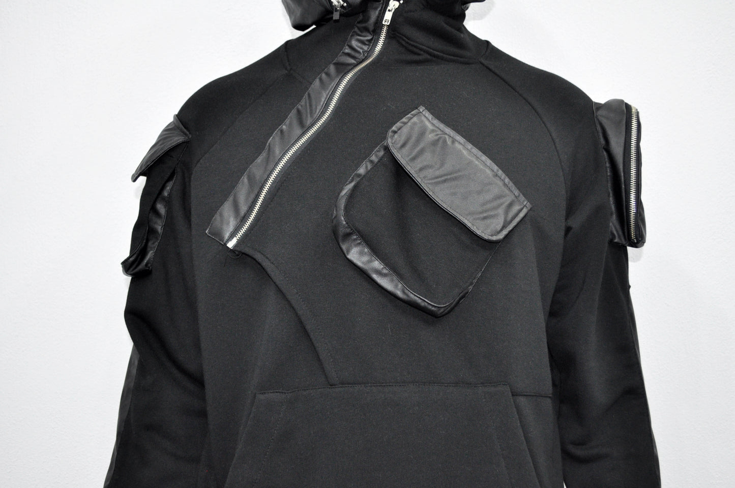 XS-8XL Men's Black Faux Leather Sleeves Loose Hoodie,Long - BB0174