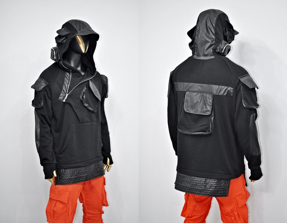 XS-8XL Men's Black Faux Leather Sleeves Loose Hoodie,Long - BB0174