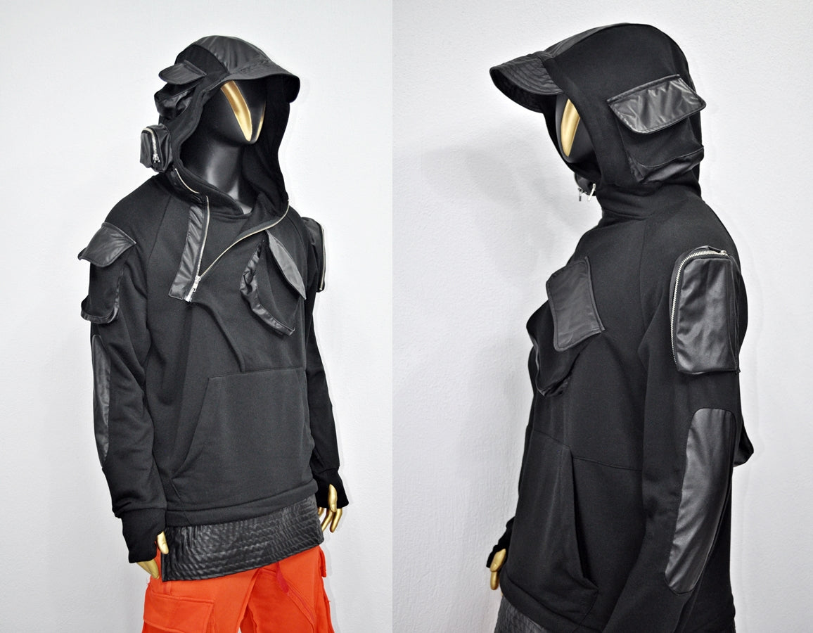 XS-8XL Men's Black Faux Leather Sleeves Loose Hoodie,Long - BB0174