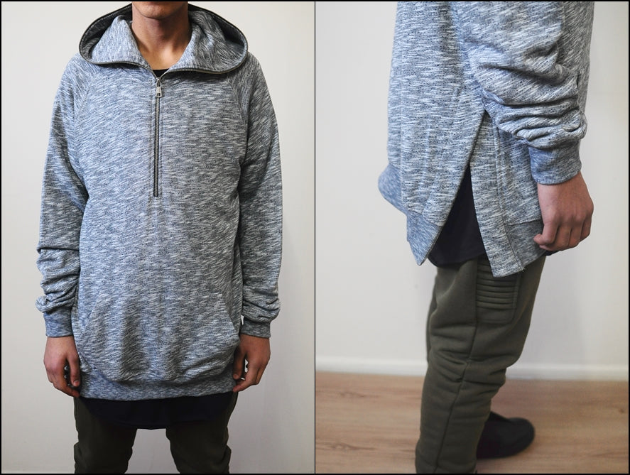 Men Half-Zip Essentials Extended Side Slit Cotton Hoodie - Ofelya Boutique