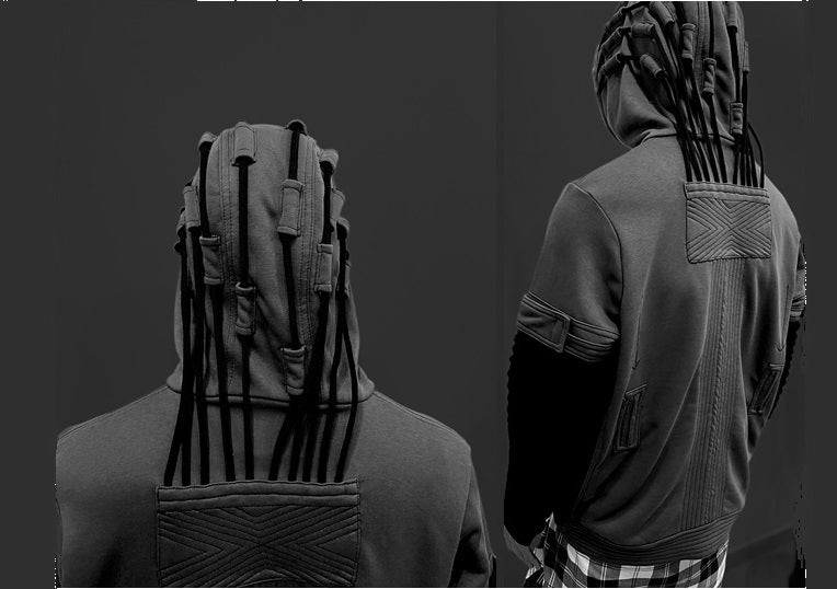 Cyberpunk Techwear Hoodie for Men • Futuristic Streetwear Hooded Sweatshirt • Dreadlock Hood Design • Layered Sleeve Tech • Urban -BB0188