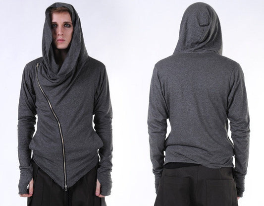 Asymmetric Zipup Hood Jacket Top T-Shirt Voth for men&women - Ofelya Boutique