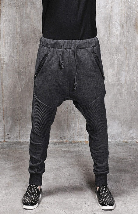 Men Slim-Fit Biker Drop Crotch Dual Zip Pants Trouser Pintuck - Ofelya Boutique