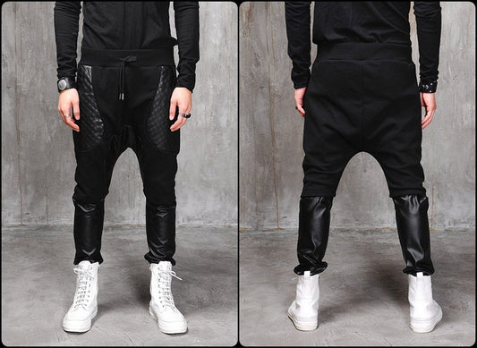 Biker Drop Crotch Dark Quilted Pocket Jersey&Faux Leather Harem Pants - Ofelya Boutique