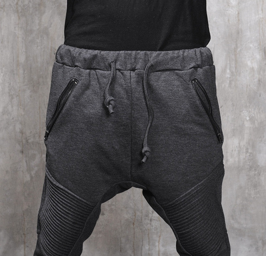Men Slim-Fit Biker Drop Crotch Dual Zip Pants Trouser Pintuck - Ofelya Boutique