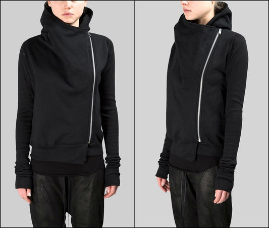 Black Assimetric Zip Collar Comb / Fleece Hood Sweatshirt Hoodie Dark - Ofelya Boutique