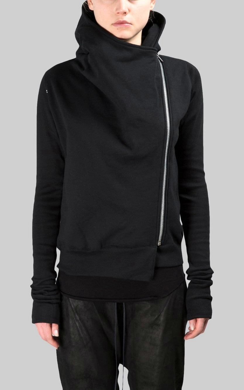 Black Assimetric Zip Collar Comb / Fleece Hood Sweatshirt Hoodie Dark - Ofelya Boutique