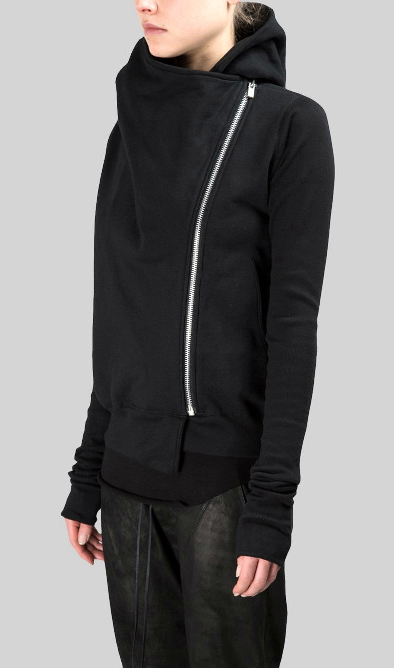 Black Assimetric Zip Collar Comb / Fleece Hood Sweatshirt Hoodie Dark - Ofelya Boutique