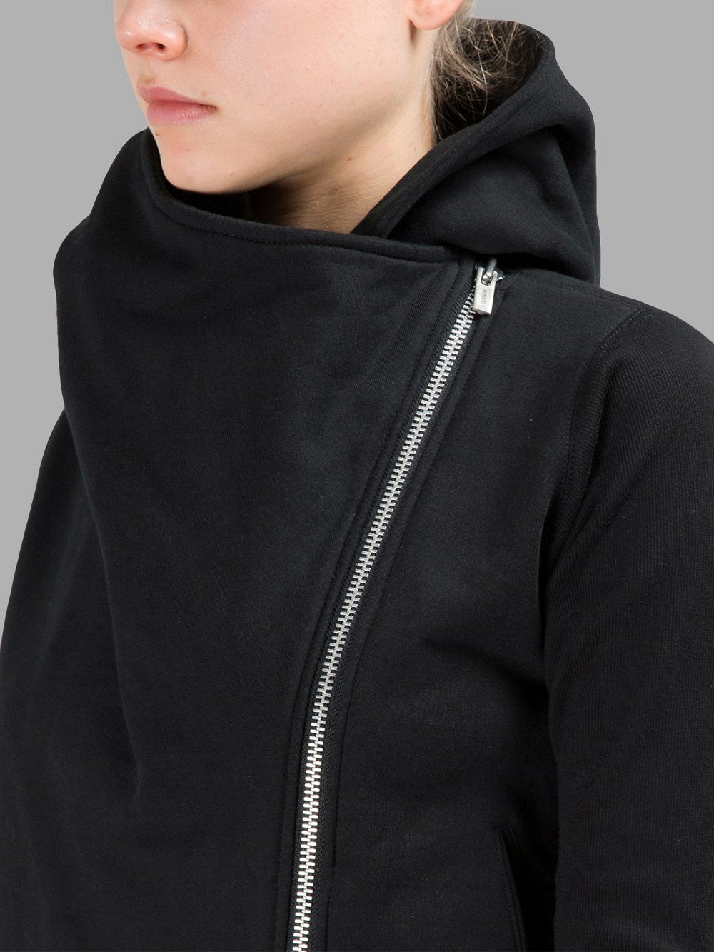 Black Assimetric Zip Collar Comb / Fleece Hood Sweatshirt Hoodie Dark - Ofelya Boutique