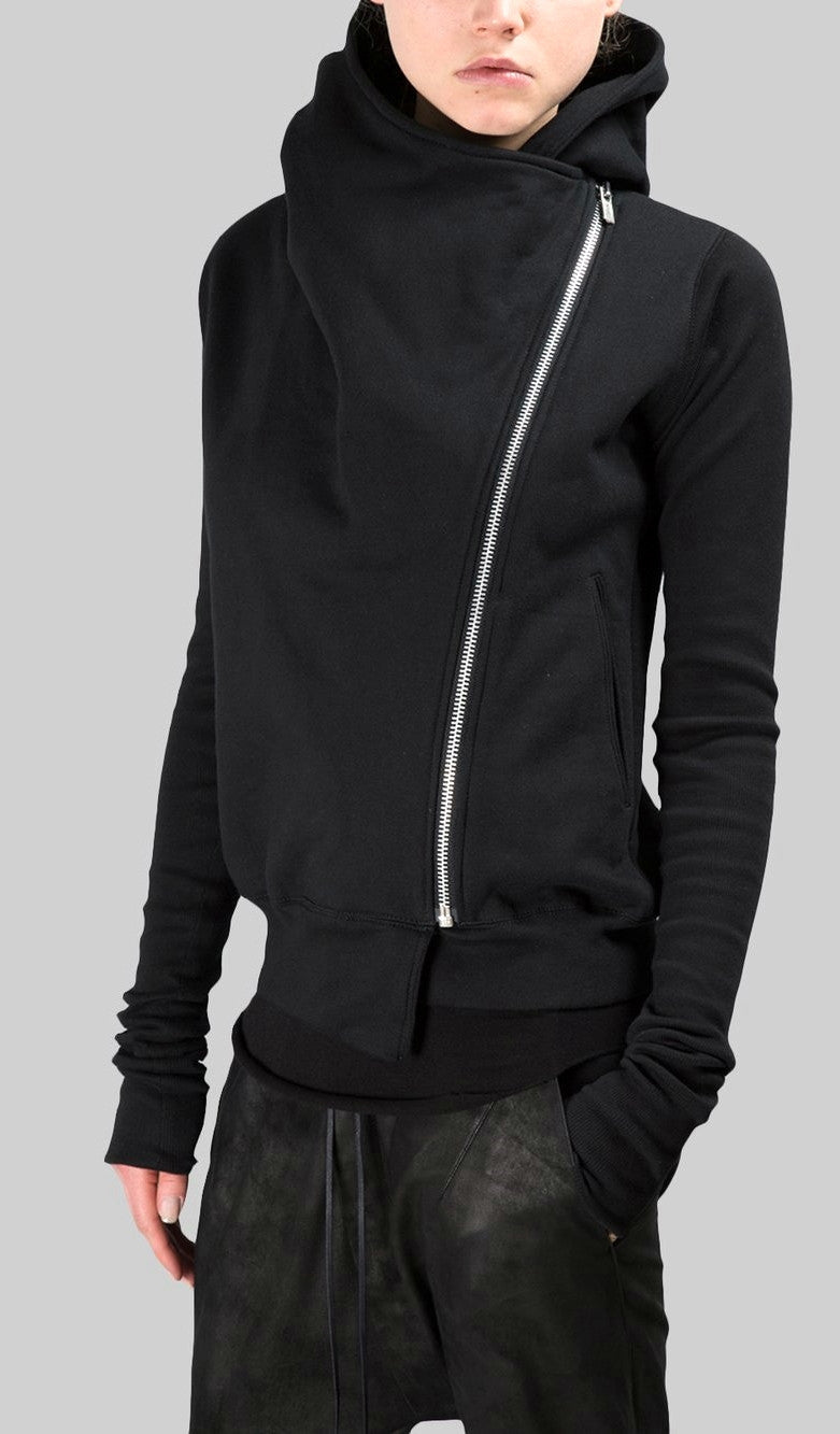 Black Assimetric Zip Collar Comb / Fleece Hood Sweatshirt Hoodie Dark - Ofelya Boutique