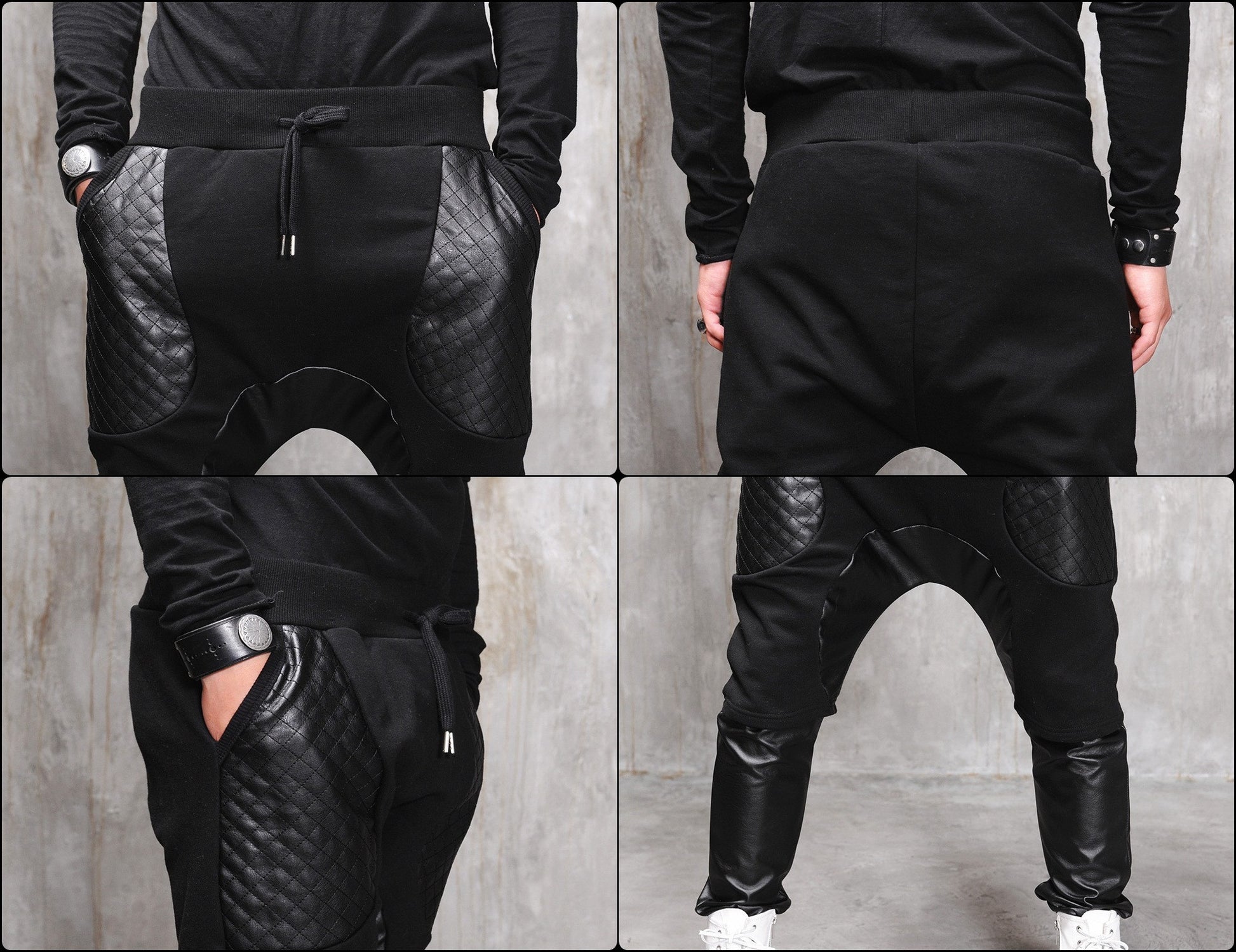 Biker Drop Crotch Dark Quilted Pocket Jersey&Faux Leather Harem Pants - Ofelya Boutique