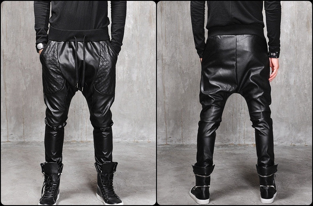 Biker Drop Crotch Dark Quilted Faux Leather Harem Pants  / Streetwear / Loose Dark Black Shadow - Ofelya Boutique