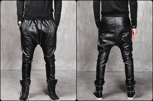 Biker Drop Crotch Dark Quilted Faux Leather Harem Pants  / Streetwear / Loose Dark Black Shadow - Ofelya Boutique