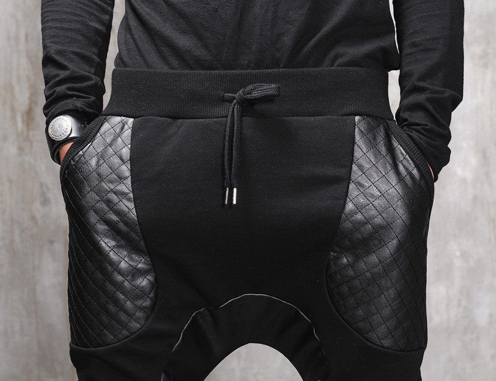Biker Drop Crotch Dark Quilted Pocket Jersey&Faux Leather Harem Pants - Ofelya Boutique