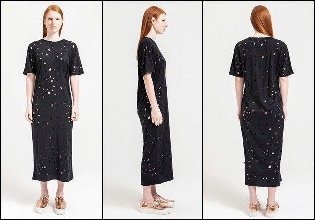 Women Round Neck Perforated Destroyed & Slashed Jersey Dress - Ofelya Boutique