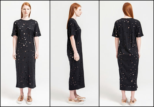 Women Round Neck Perforated Destroyed & Slashed Jersey Dress - Ofelya Boutique