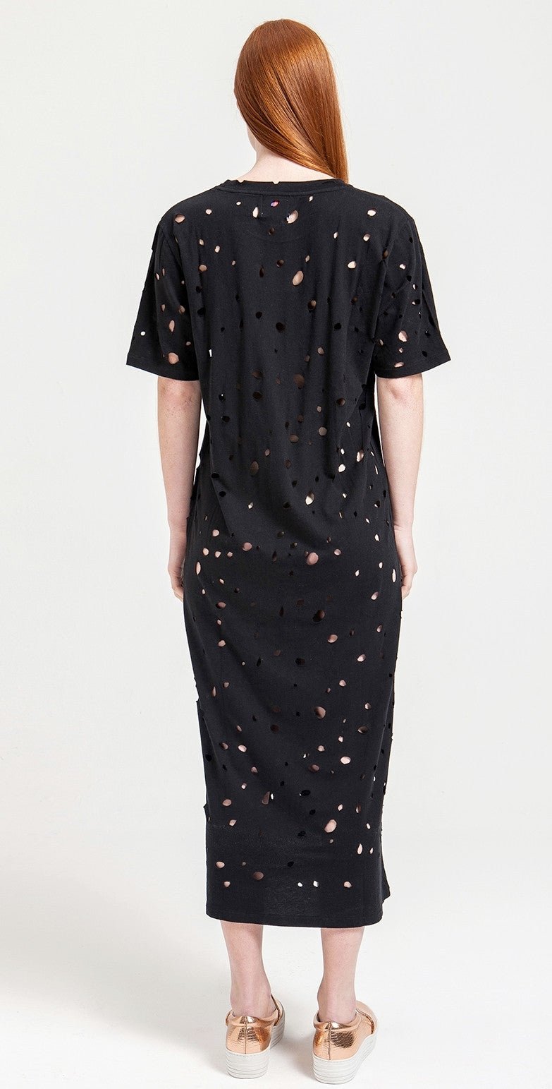 Women Round Neck Perforated Destroyed & Slashed Jersey Dress - Ofelya Boutique