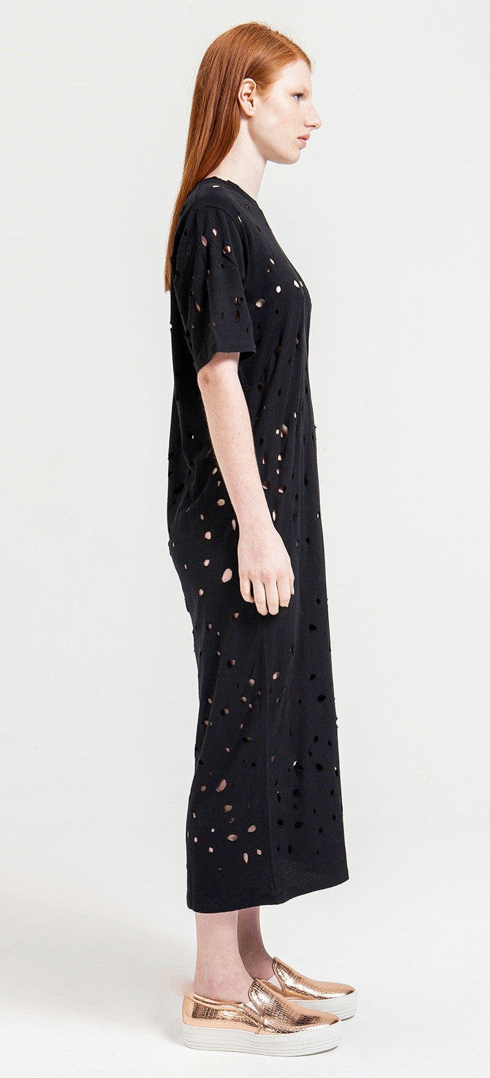 Women Round Neck Perforated Destroyed & Slashed Jersey Dress - Ofelya Boutique