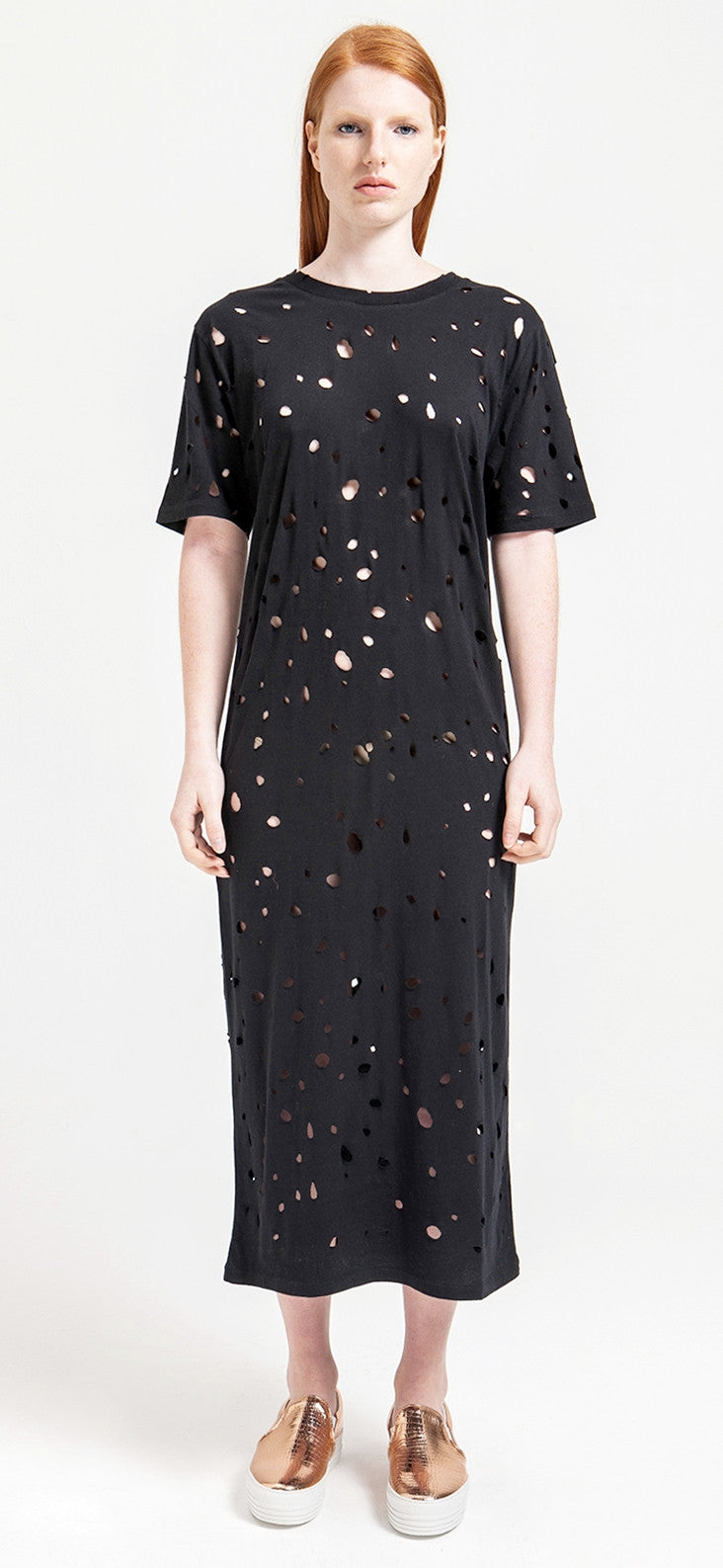 Women Round Neck Perforated Destroyed & Slashed Jersey Dress - Ofelya Boutique