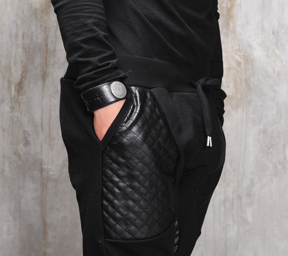 Biker Drop Crotch Dark Quilted Pocket Jersey&Faux Leather Harem Pants - Ofelya Boutique