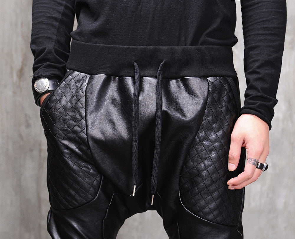 Biker Drop Crotch Dark Quilted Faux Leather Harem Pants  / Streetwear / Loose Dark Black Shadow - Ofelya Boutique