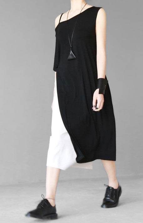 Open Shoulder Black Oversized Draped Side Big Slit Dress Tunic // One Shoulder - Ofelya Boutique