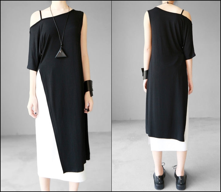 Open Shoulder Black Oversized Draped Side Big Slit Dress Tunic // One Shoulder - Ofelya Boutique