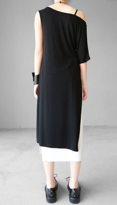 Open Shoulder Black Oversized Draped Side Big Slit Dress Tunic // One Shoulder - Ofelya Boutique