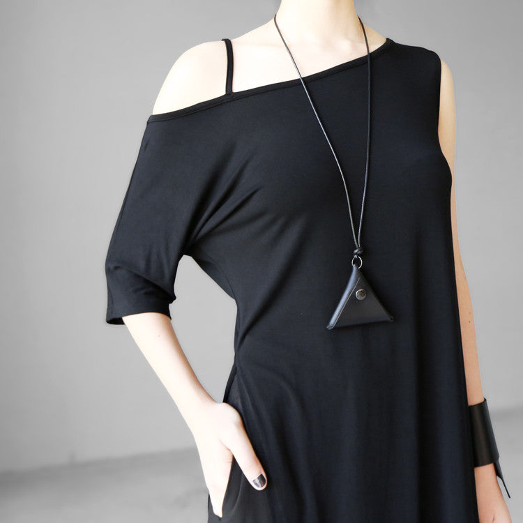 Open Shoulder Black Oversized Draped Side Big Slit Dress Tunic // One Shoulder - Ofelya Boutique