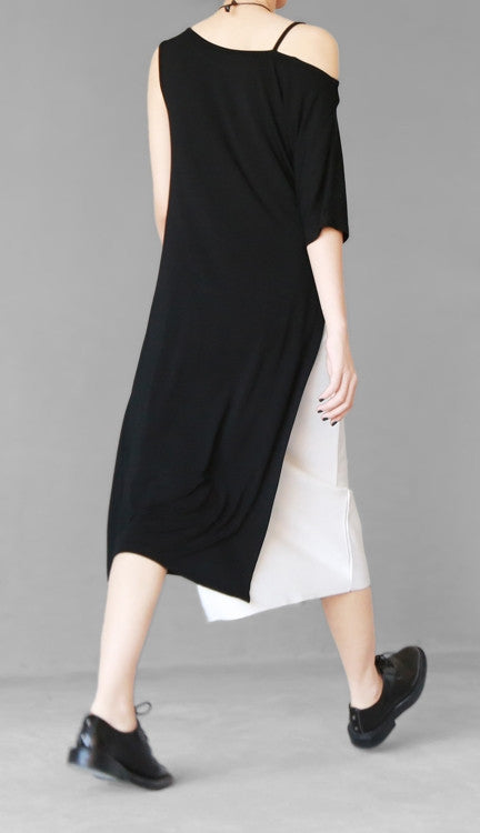 Open Shoulder Black Oversized Draped Side Big Slit Dress Tunic // One Shoulder - Ofelya Boutique