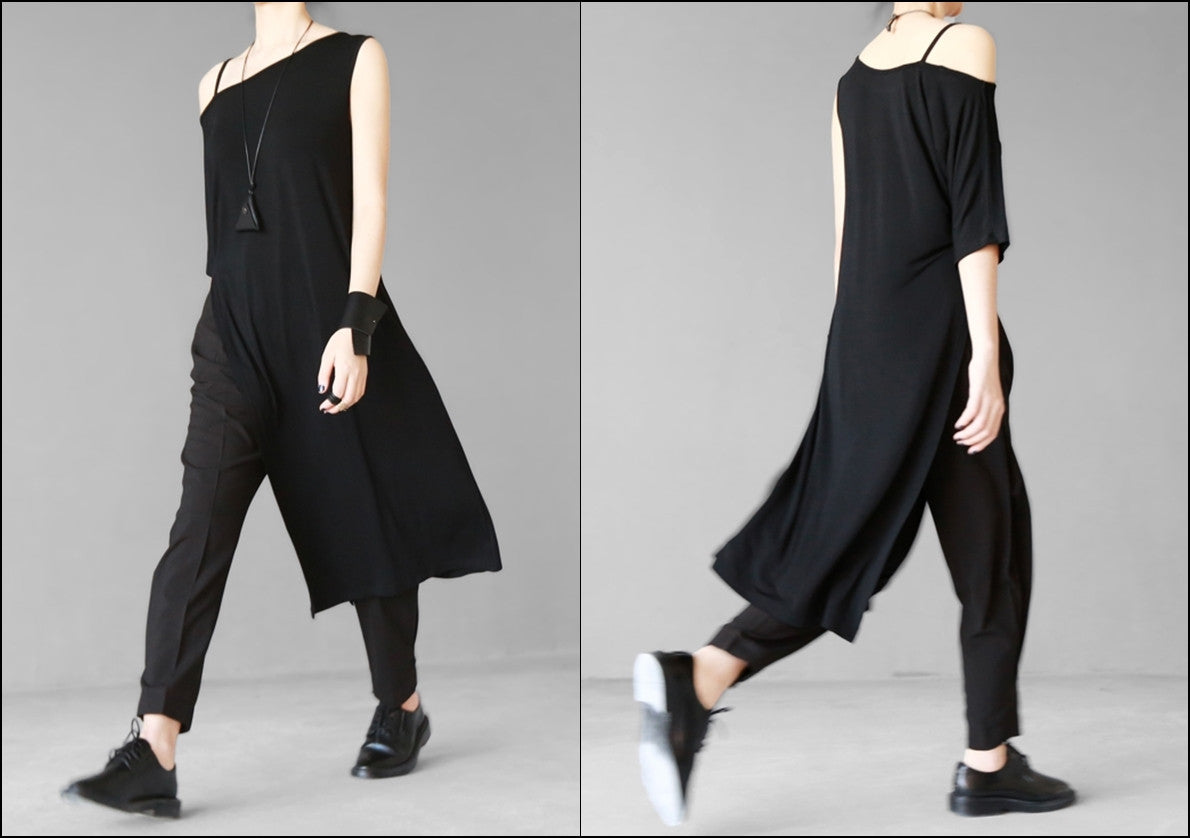 Open Shoulder Black Oversized Draped Side Big Slit Dress Tunic // One Shoulder - Ofelya Boutique