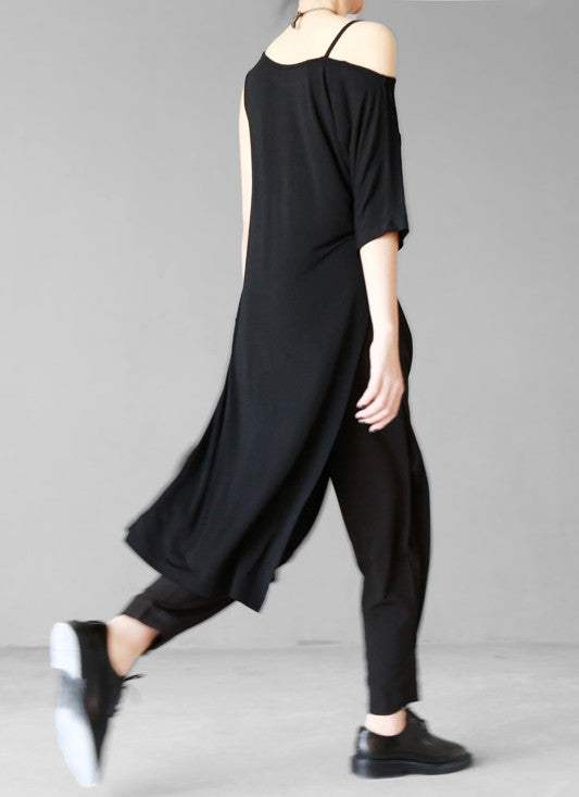 Open Shoulder Black Oversized Draped Side Big Slit Dress Tunic // One Shoulder - Ofelya Boutique