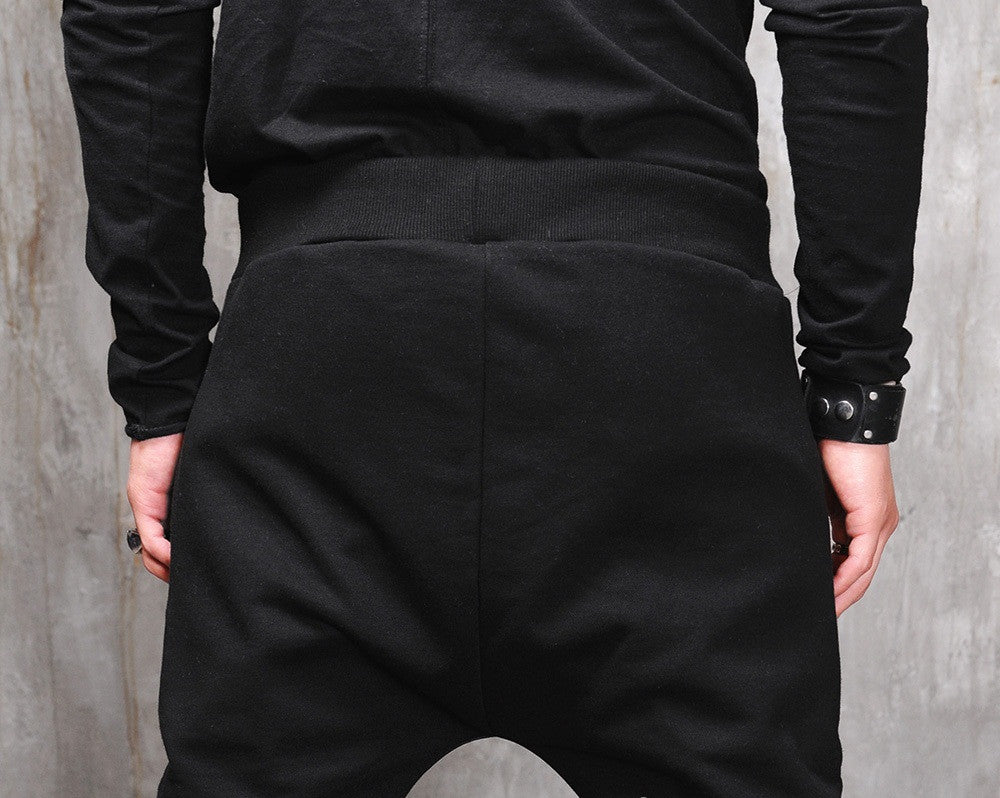 Biker Drop Crotch Dark Quilted Pocket Jersey&Faux Leather Harem Pants - Ofelya Boutique