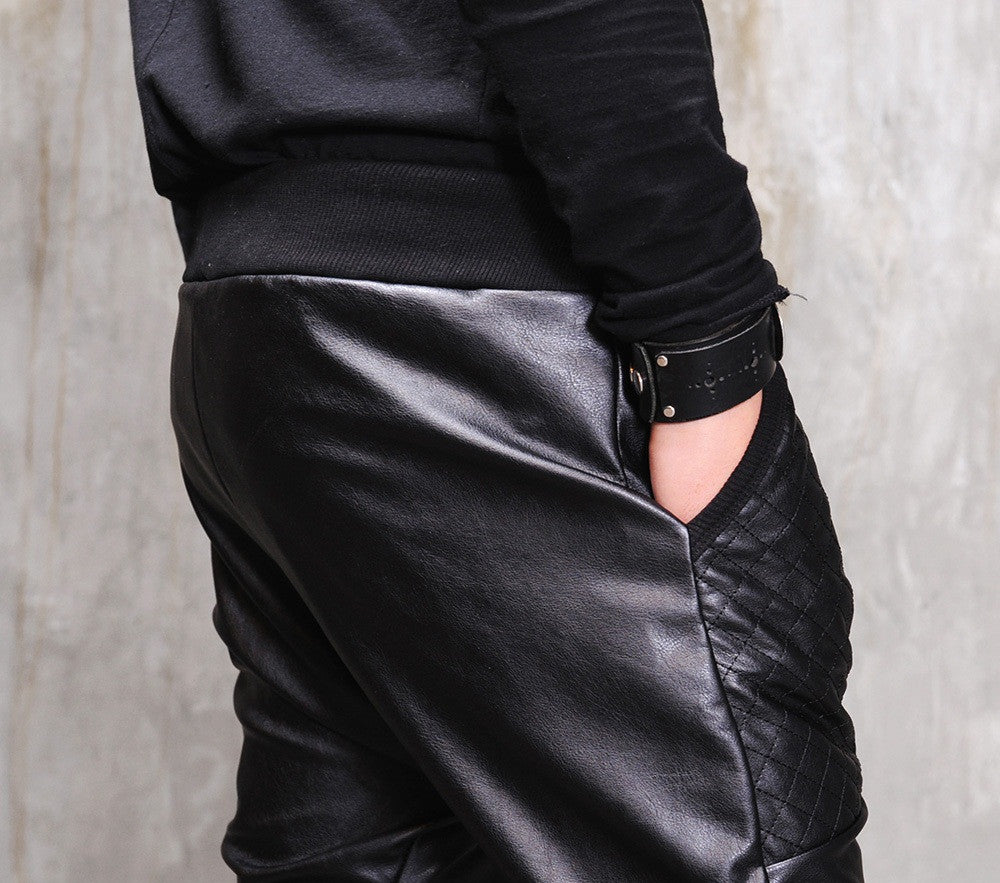 Biker Drop Crotch Dark Quilted Faux Leather Harem Pants  / Streetwear / Loose Dark Black Shadow - Ofelya Boutique