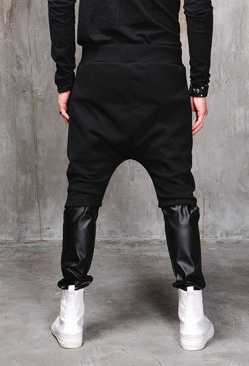Biker Drop Crotch Dark Quilted Pocket Jersey&Faux Leather Harem Pants - Ofelya Boutique