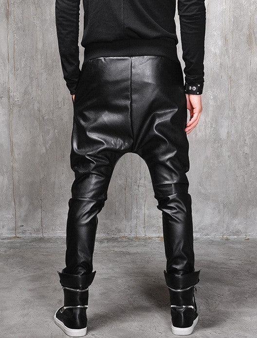 Biker Drop Crotch Dark Quilted Faux Leather Harem Pants  / Streetwear / Loose Dark Black Shadow - Ofelya Boutique