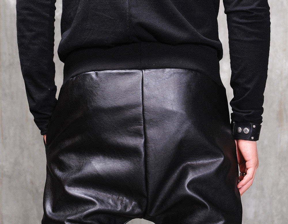 Biker Drop Crotch Dark Quilted Faux Leather Harem Pants  / Streetwear / Loose Dark Black Shadow - Ofelya Boutique