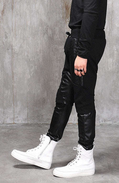 Biker Drop Crotch Dark Quilted Pocket Jersey&Faux Leather Harem Pants - Ofelya Boutique