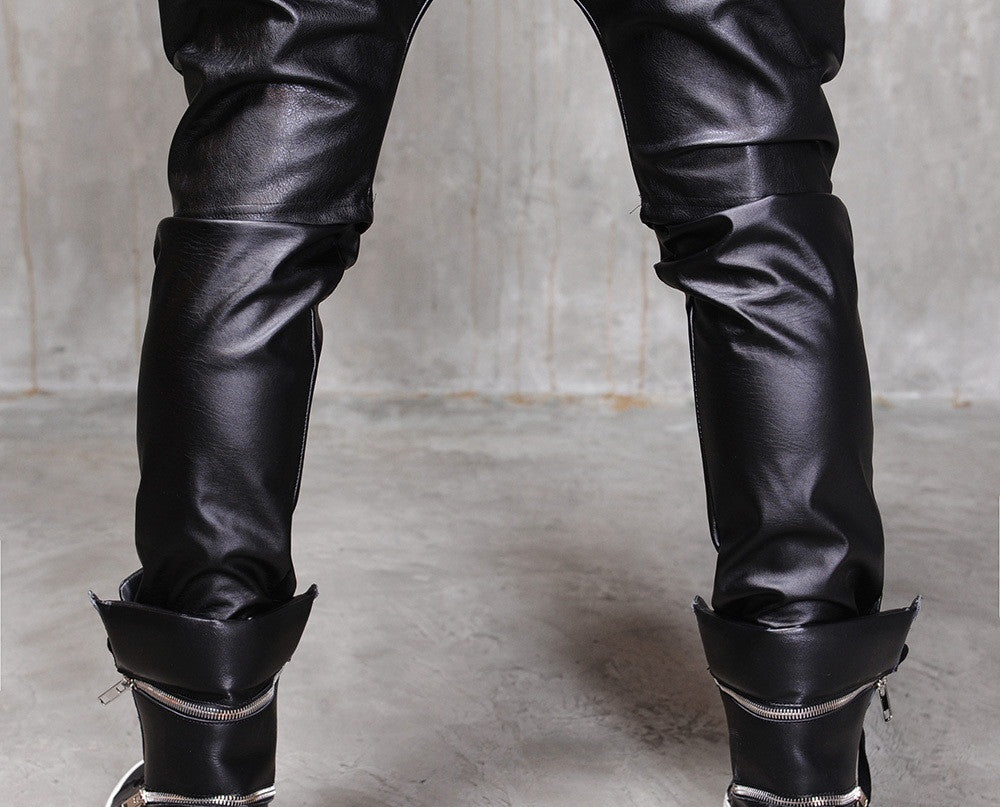 Biker Drop Crotch Dark Quilted Faux Leather Harem Pants  / Streetwear / Loose Dark Black Shadow - Ofelya Boutique