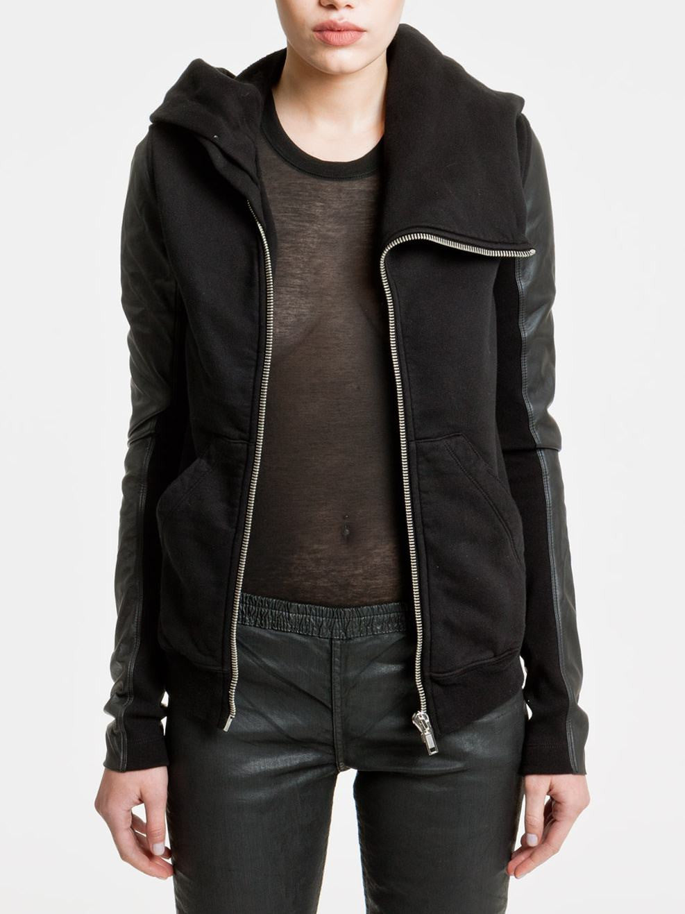 Black Dark Mountain Women Asymmetric Zip Collar Cotton Fleece Hoodie Leather Sleeves Sweatshirt - Ofelya Boutique